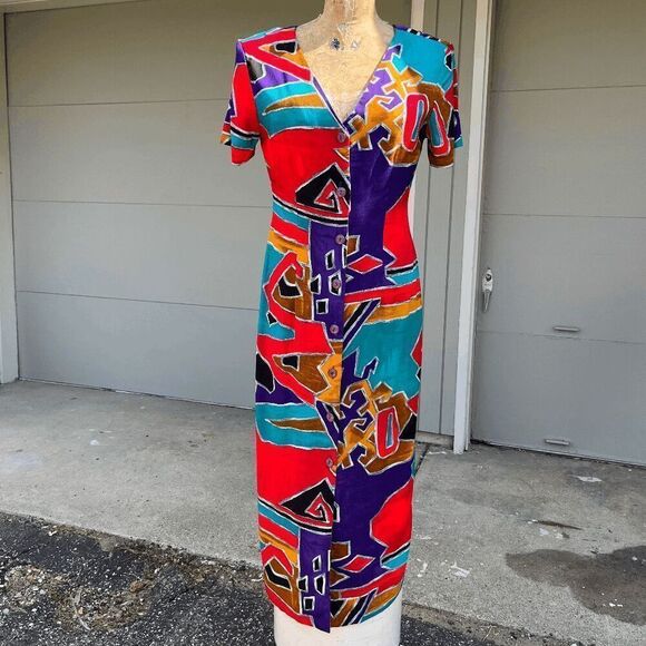 Vintage 80s Dawn Joy Abstract Print Midi Dress - Vibrant Rayon Statement Piece - Picture 8 of 8